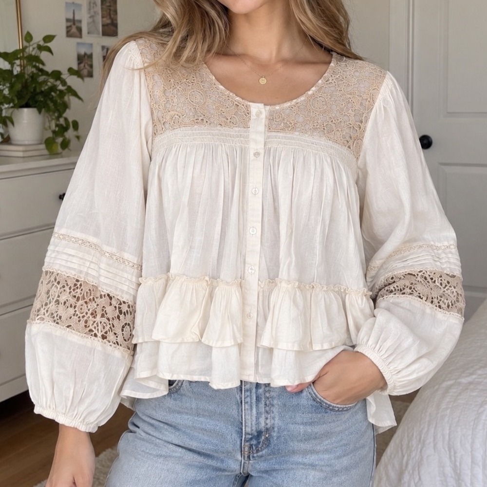 POL Boho Indie Crochet Lace Trim Peplum Top Cream Cotton Blouse Small